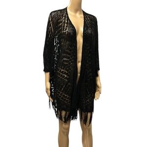 Bear Dance Black Shawl Look Open Front Fringed Cardigan Crochet Knit Coverups M